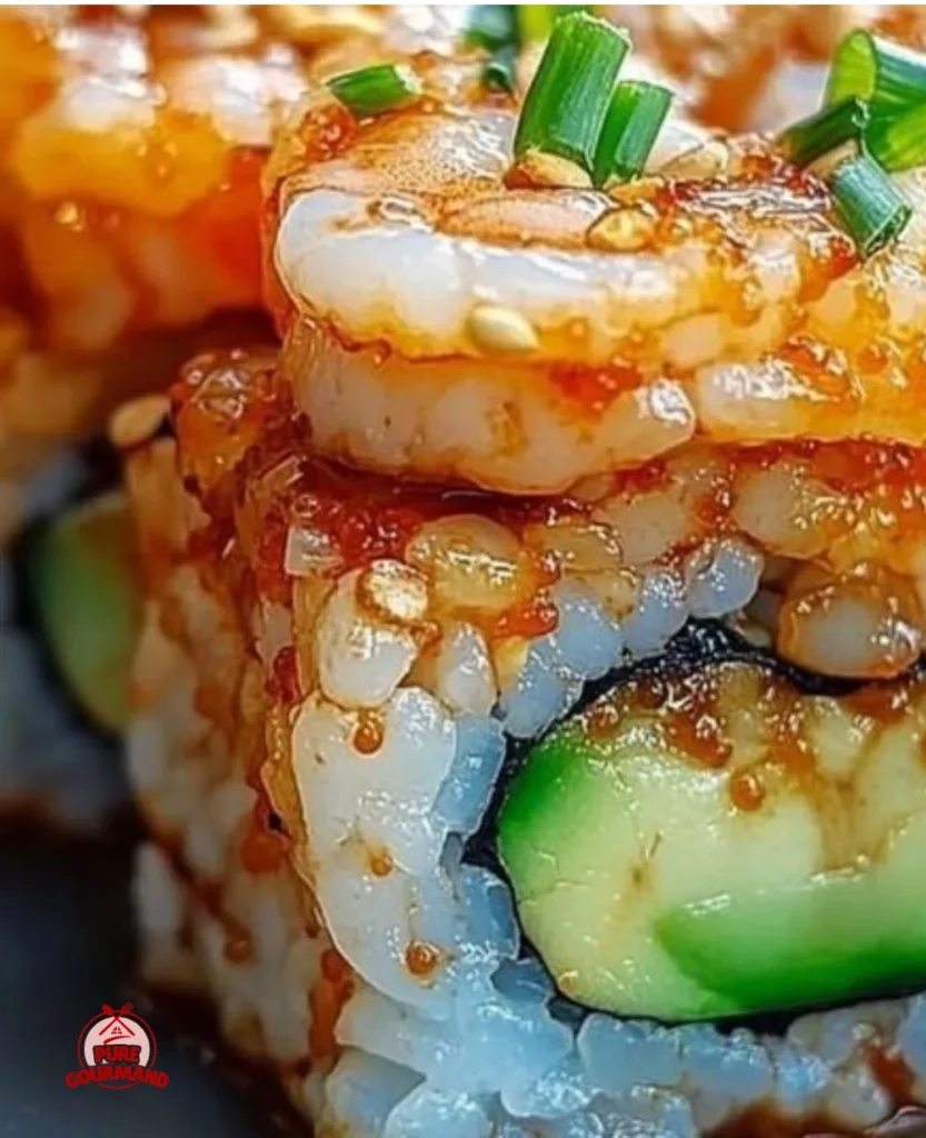 Spicy shrimp sushi stacks topped with avocado and sesame seeds.