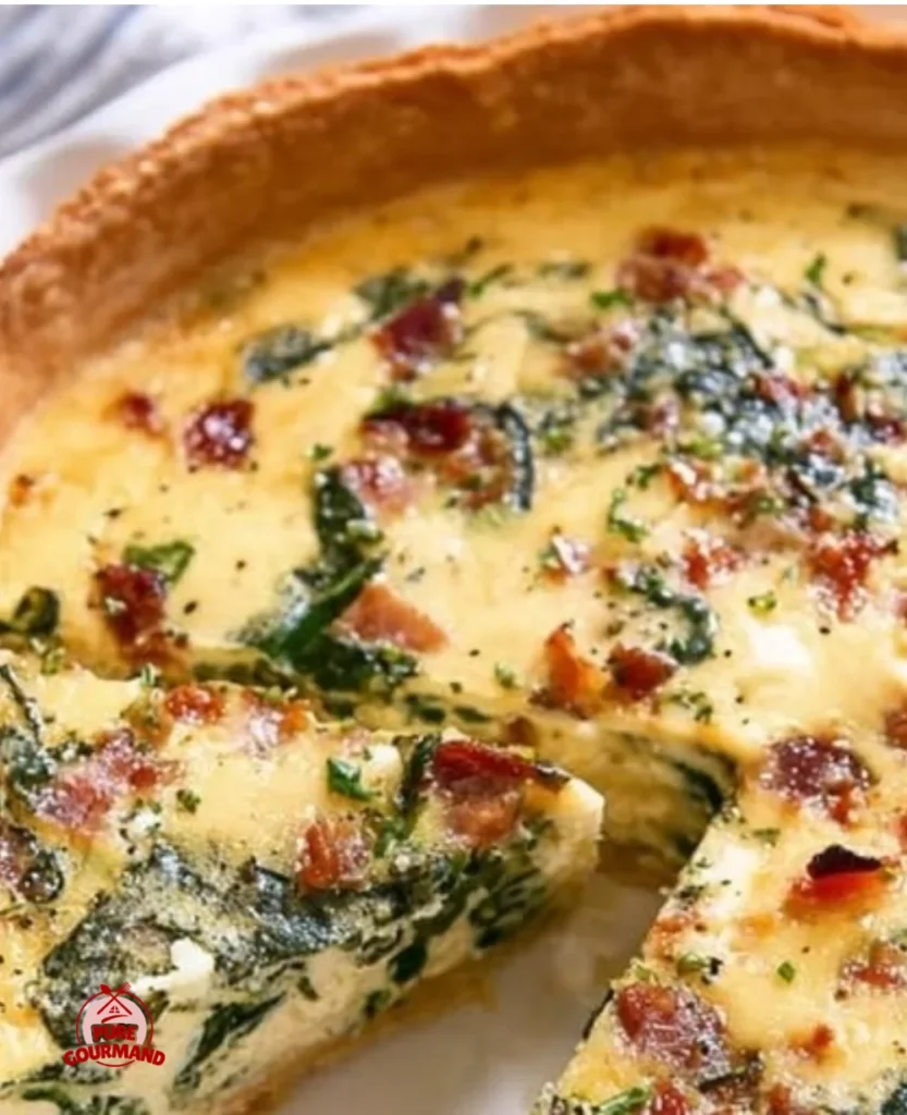 Delicious Spinach and Bacon Quiche served on a rustic wooden table