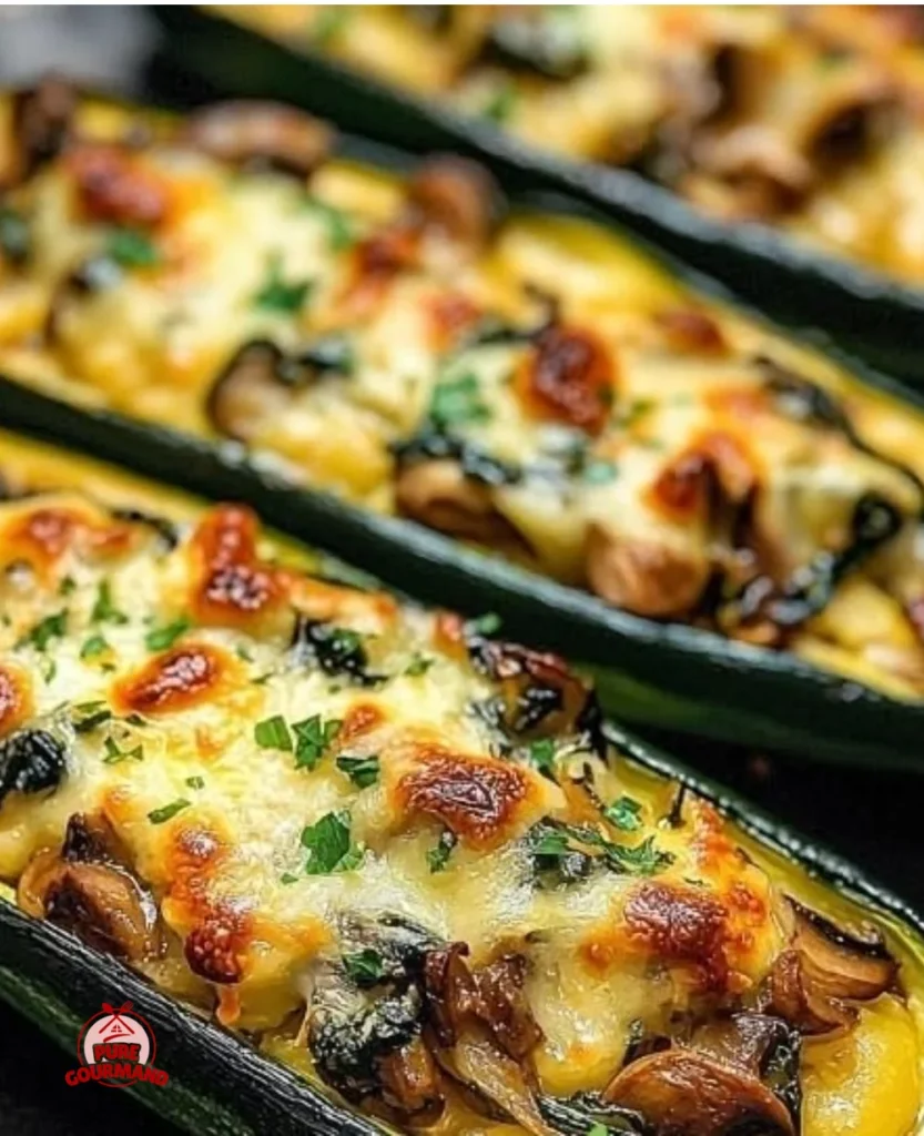 Colorful spinach, mushroom, and ricotta stuffed zucchini boats ready to serve.