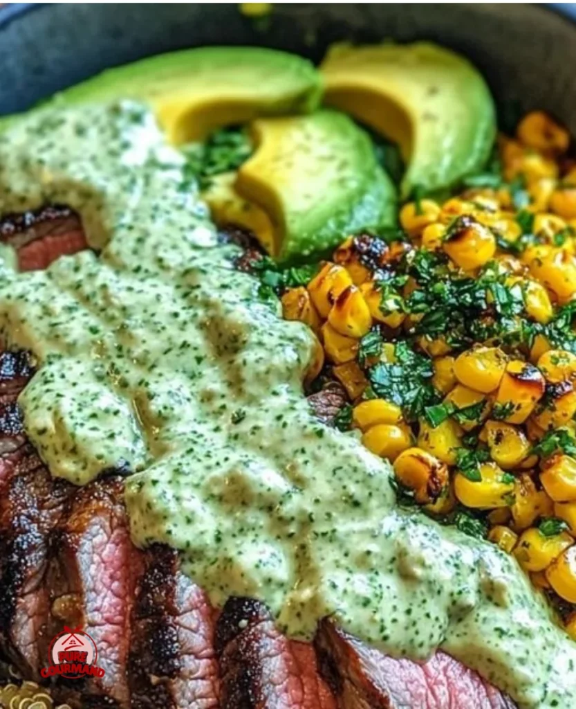 Steak Avocado Bowl with roasted corn and cilantro cream sauce