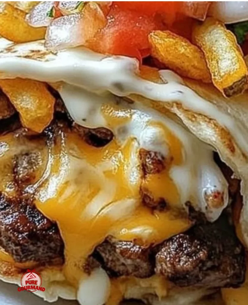 Delicious Steak & Cheese Burritos served with crispy fries.