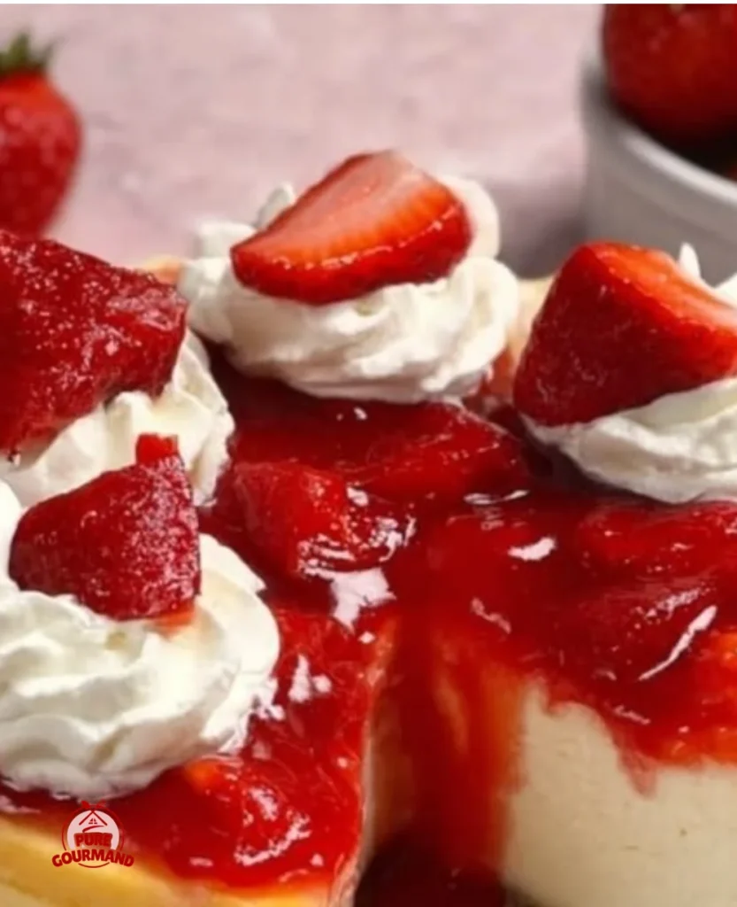 Strawberries and cream cheesecake topped with fresh strawberries
