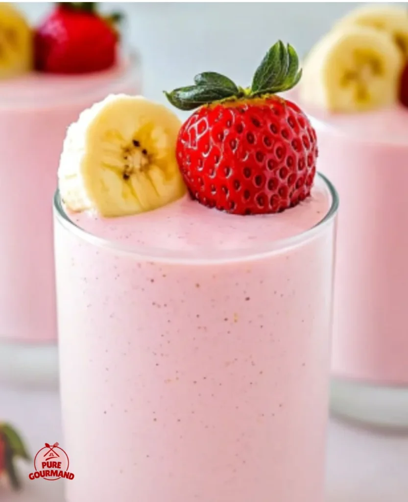 Strawberry banana smoothie garnished with fresh fruit and served in a glass