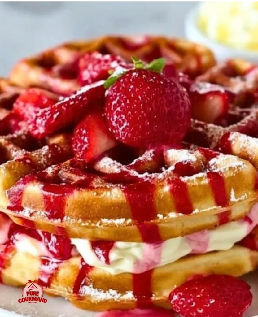 Strawberry cheesecake stuffed waffles topped with fresh strawberries.
