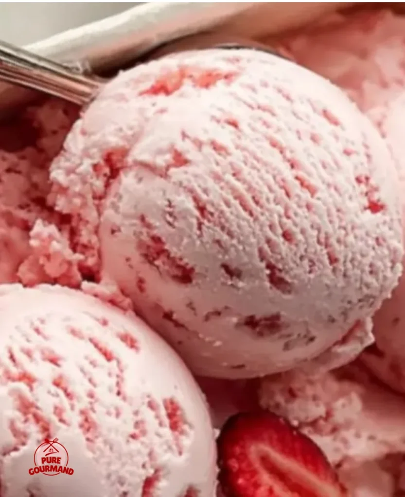 Homemade strawberry ice cream in a bowl with fresh strawberries on top