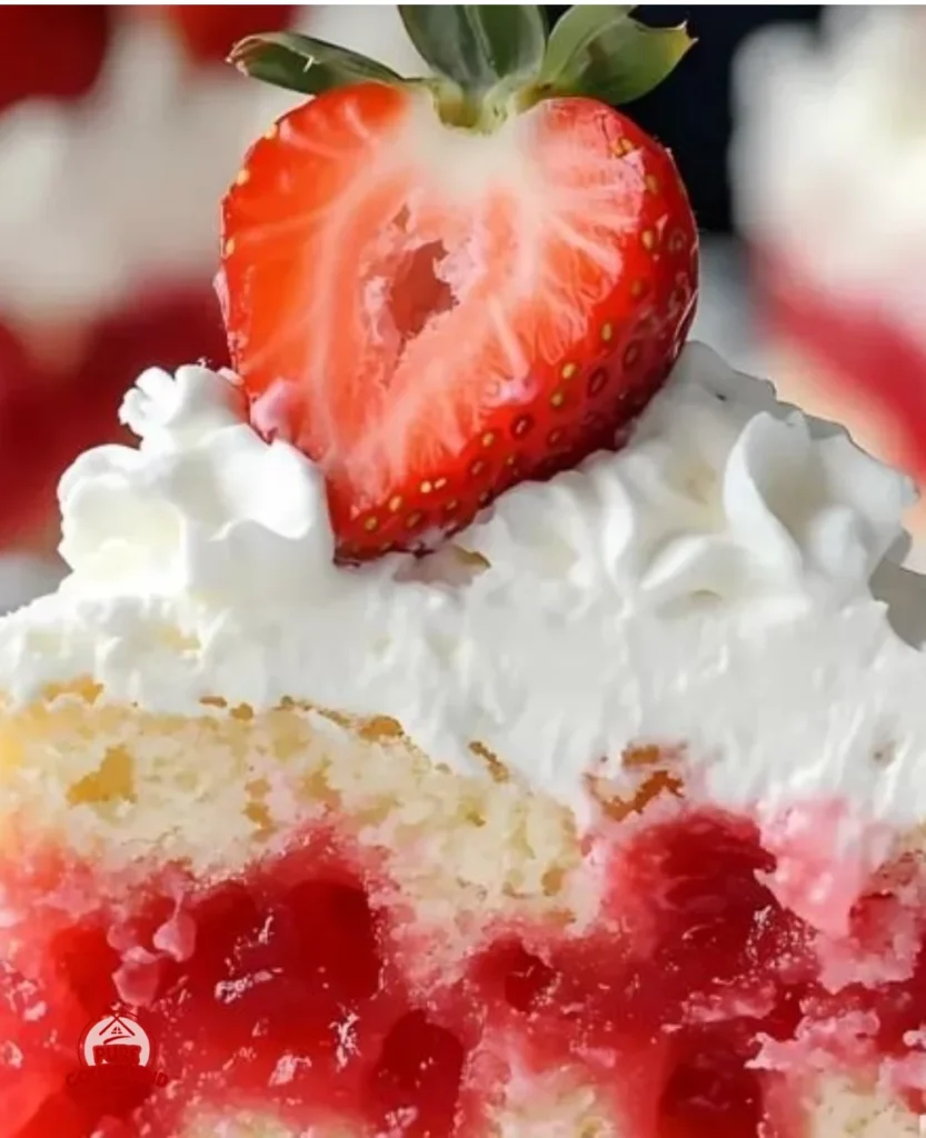 Delicious strawberry poke cake topped with whipped cream and fresh strawberries