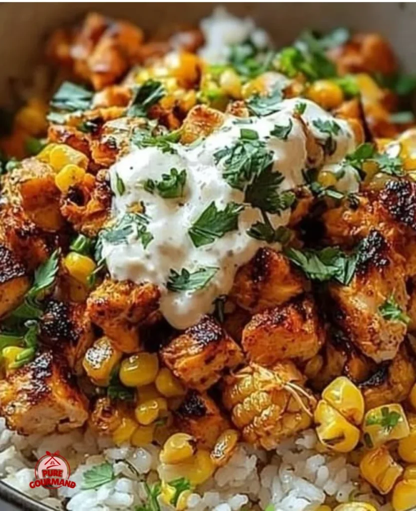 Delicious street corn chicken rice bowl with vibrant toppings and flavors