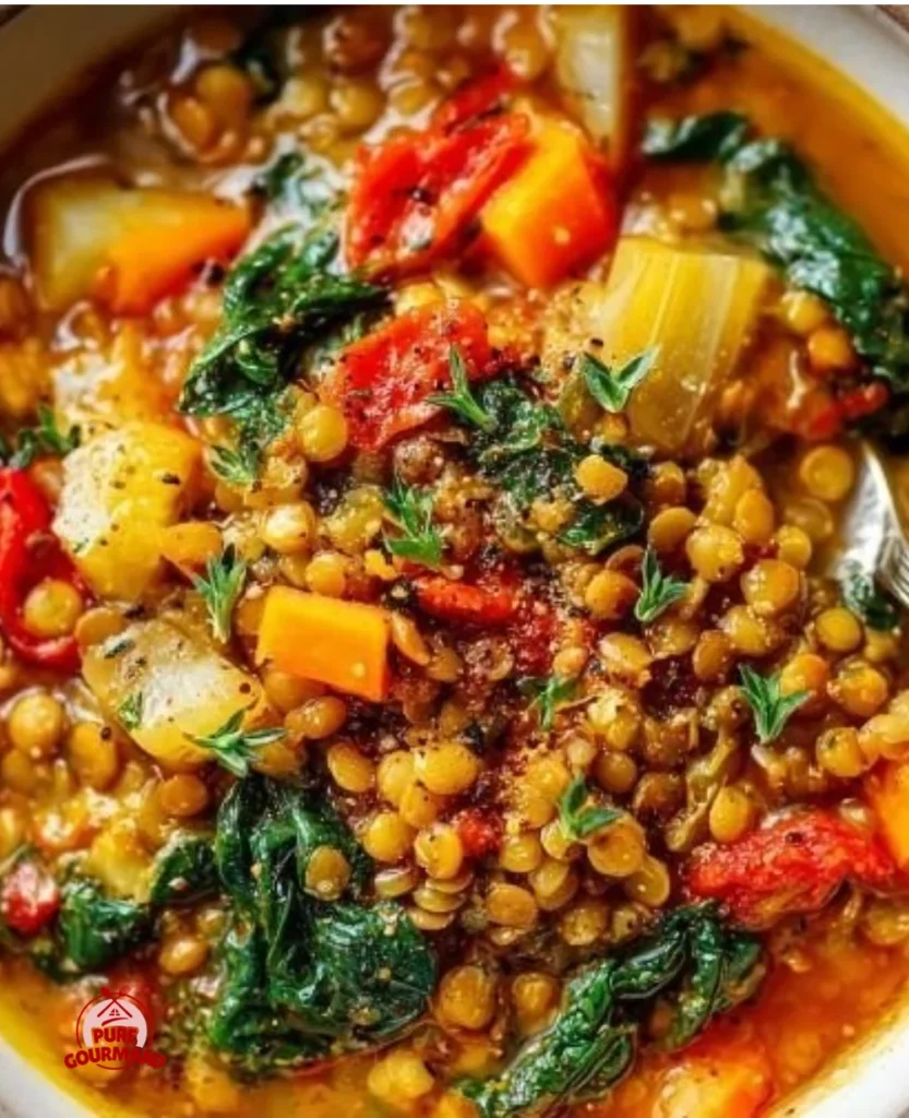 Bowl of Mediterranean lentil soup with fresh herbs and vegetables