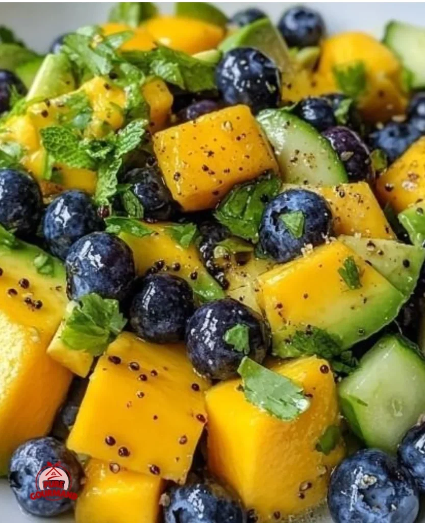Sun-kissed mango cucumber salad with blueberries and avocado in a bright bowl.