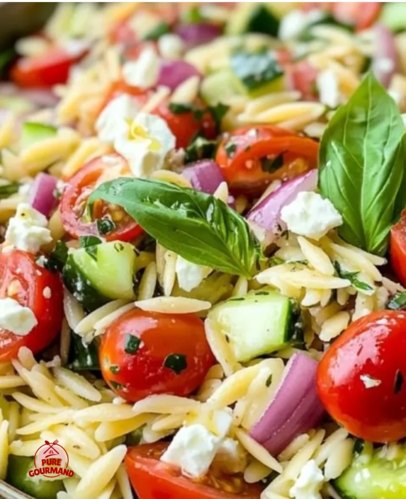 Bowl of sun-kissed orzo pasta salad with fresh vegetables and herbs