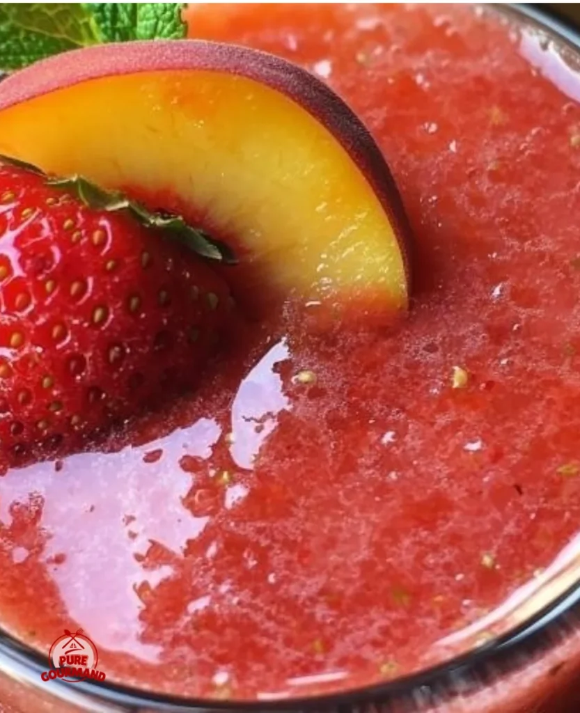 Refreshing sun-kissed strawberry peach daiquiri in a glass with fruit garnish