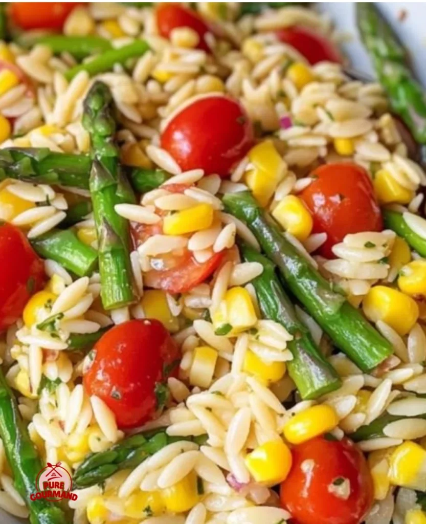 Delicious summer orzo salad with fresh vegetables and herbs