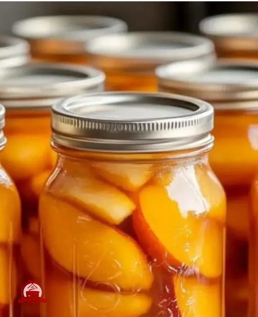 Homemade canned peaches in a jar with sun-kissed vanilla bean flavor