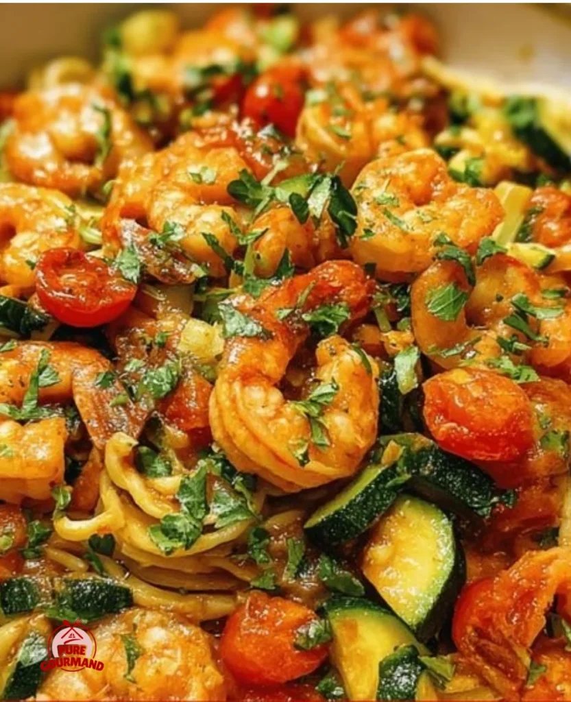 Delicious Tomato Zucchini Shrimp Pasta served in a bowl