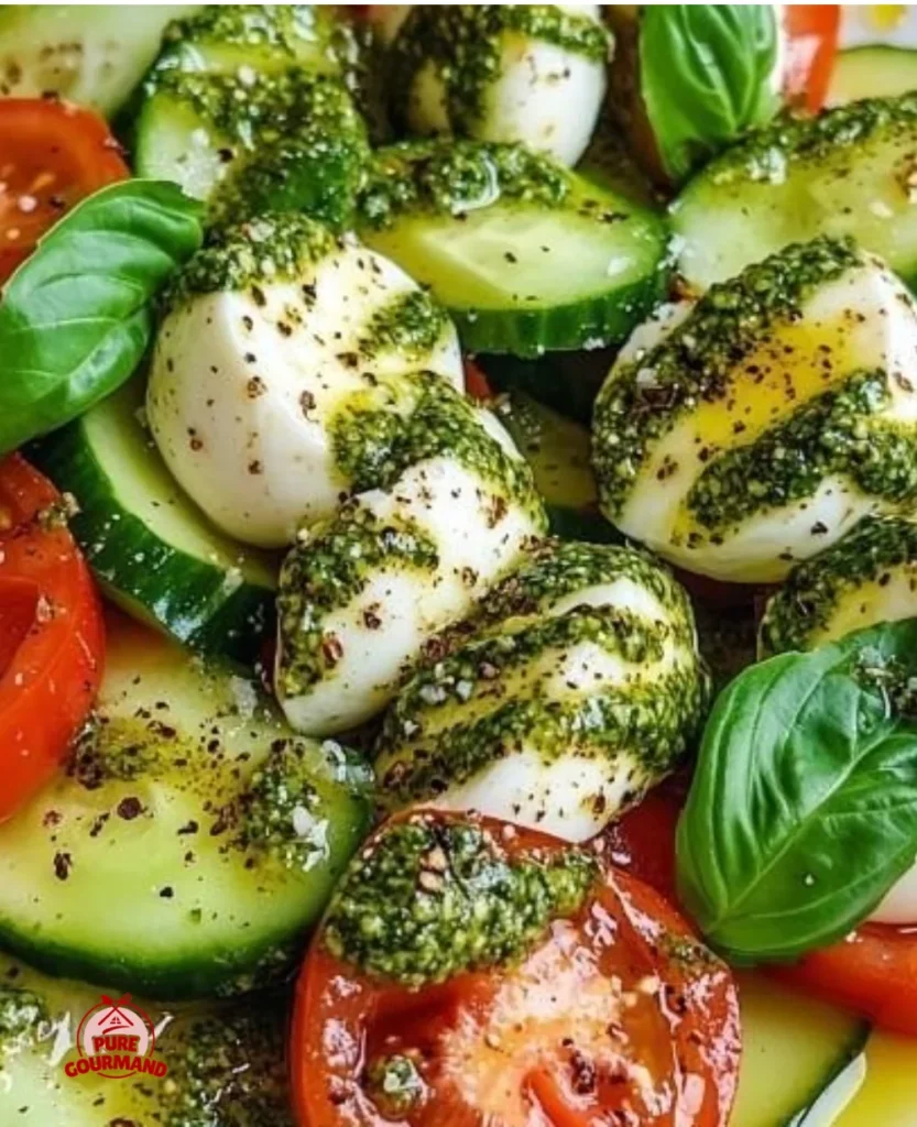 Sunny tomato-cucumber-avocado salad with mozzarella and basil pesto in a bowl
