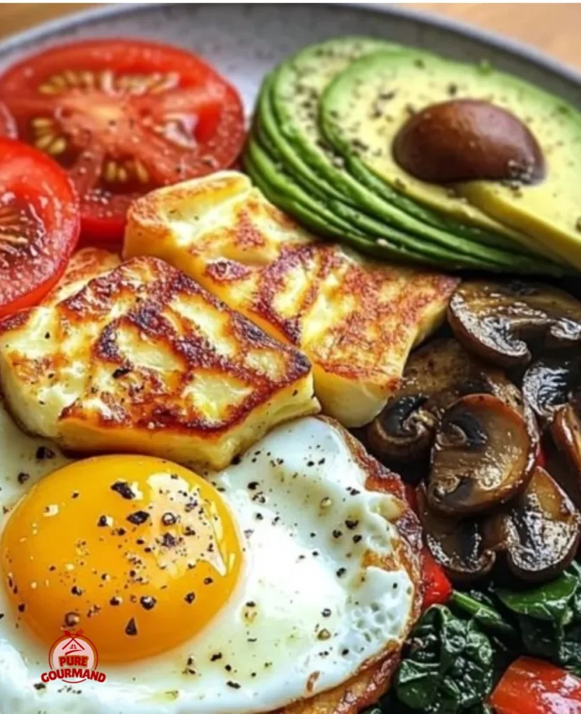 Sunny Veggie and Halloumi Breakfast Plate with vibrant vegetables and cheese