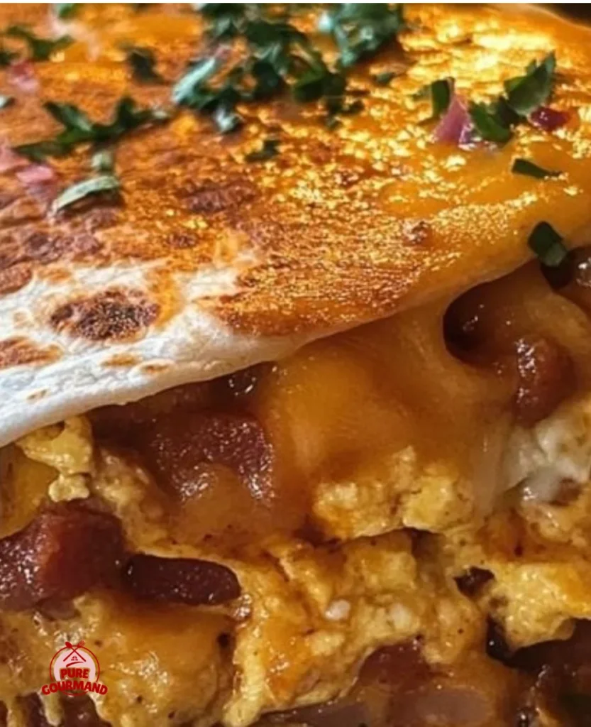 Cowboy breakfast burrito filled with eggs, sausage, and cheese on a rustic table