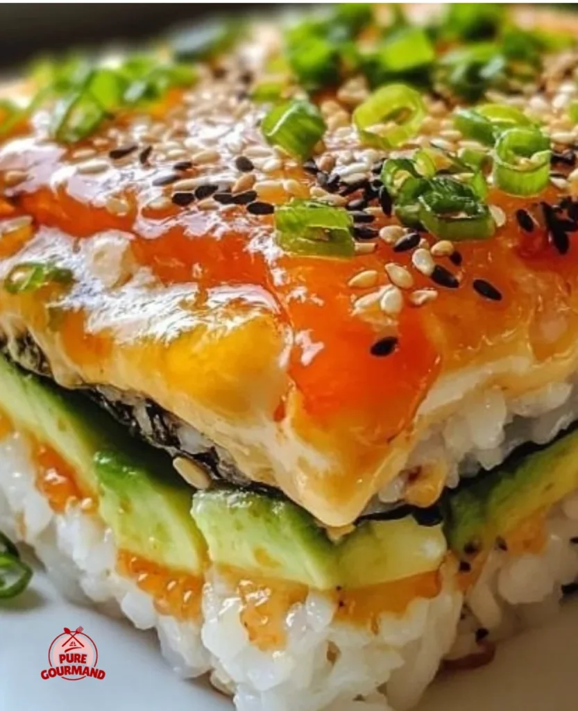Delicious Sushi Bake served in a dish, showcasing layers of sushi flavors and ingredients.