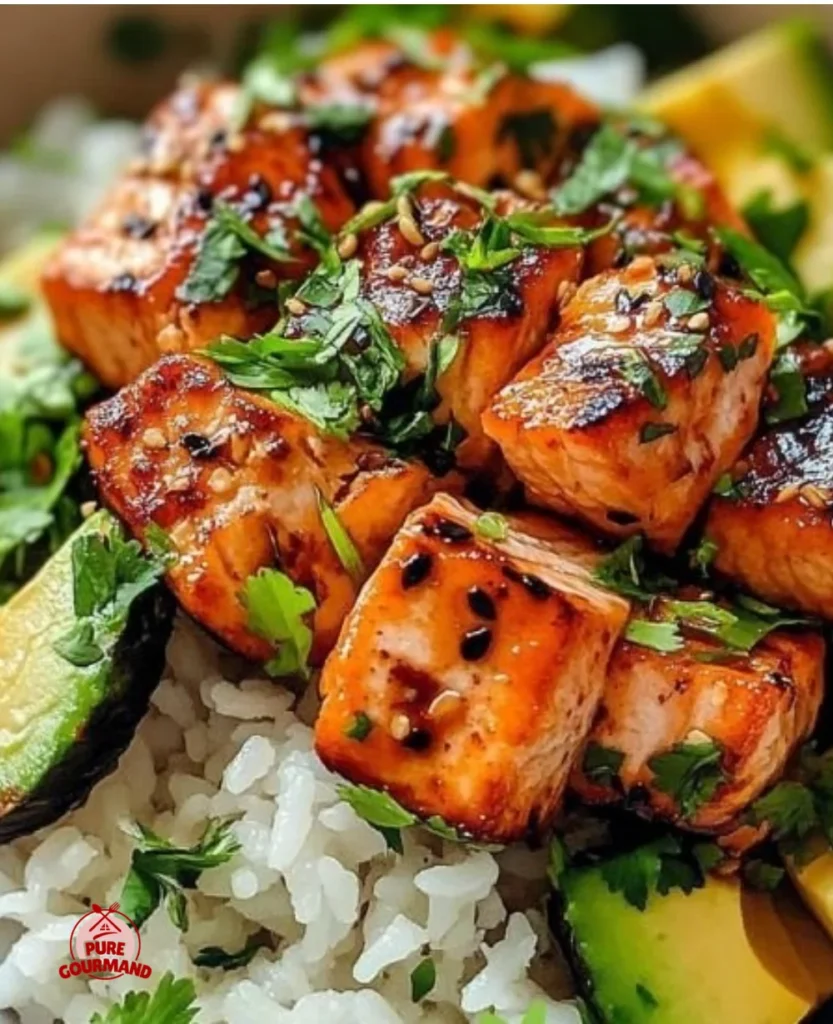 Sweet Chili Salmon Bowl topped with vegetables and rice for a healthy meal.