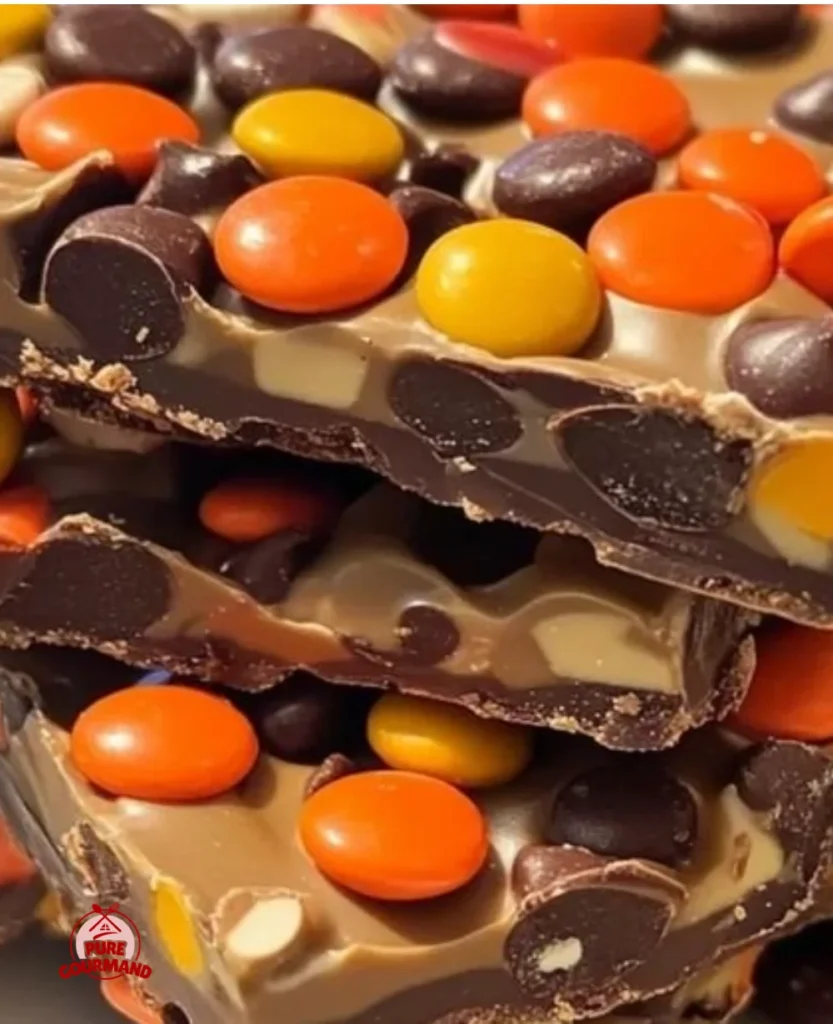 Delicious Reese’s Pieces Bark topped with colorful candies and drizzled chocolate.