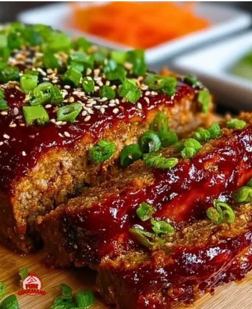 Delicious Sweet & Spicy Korean BBQ Meatloaf topped with glaze and garnished.