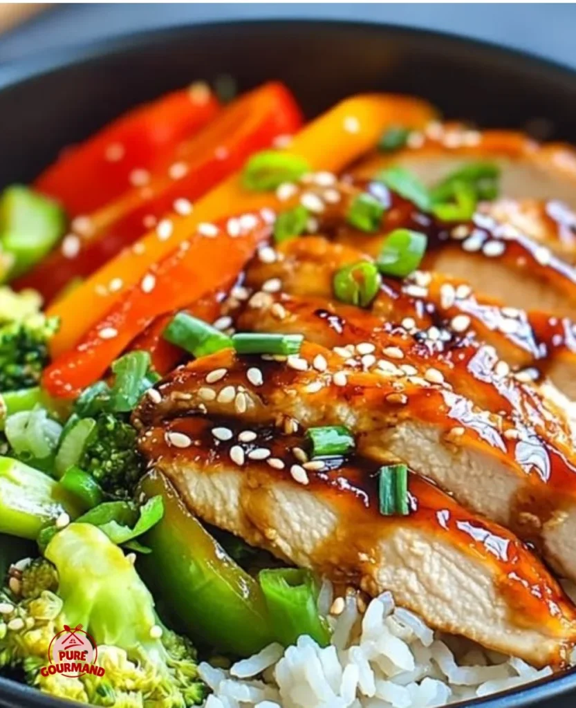 Delicious Teriyaki Chicken Bowl garnished with vegetables and sesame seeds