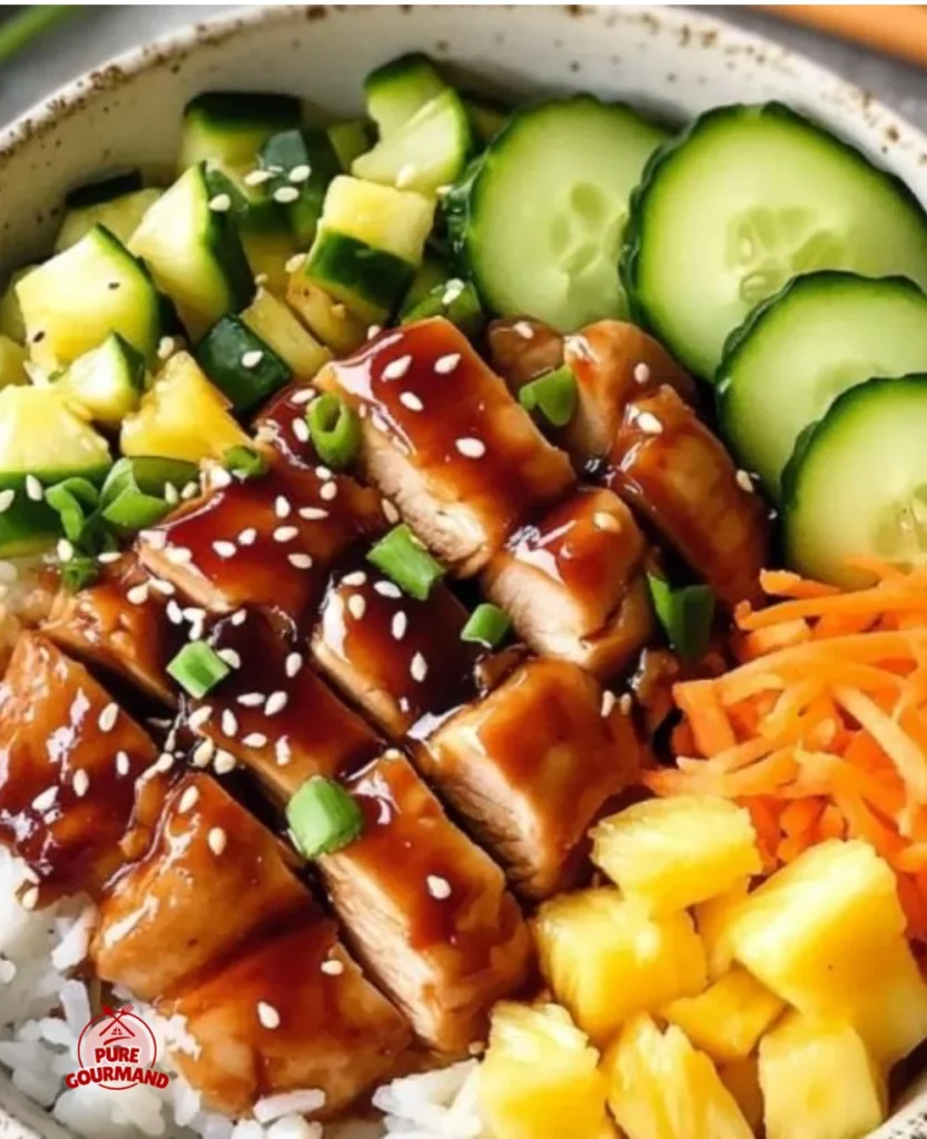 Teriyaki chicken poke bowl with fresh vegetables and delicious toppings
