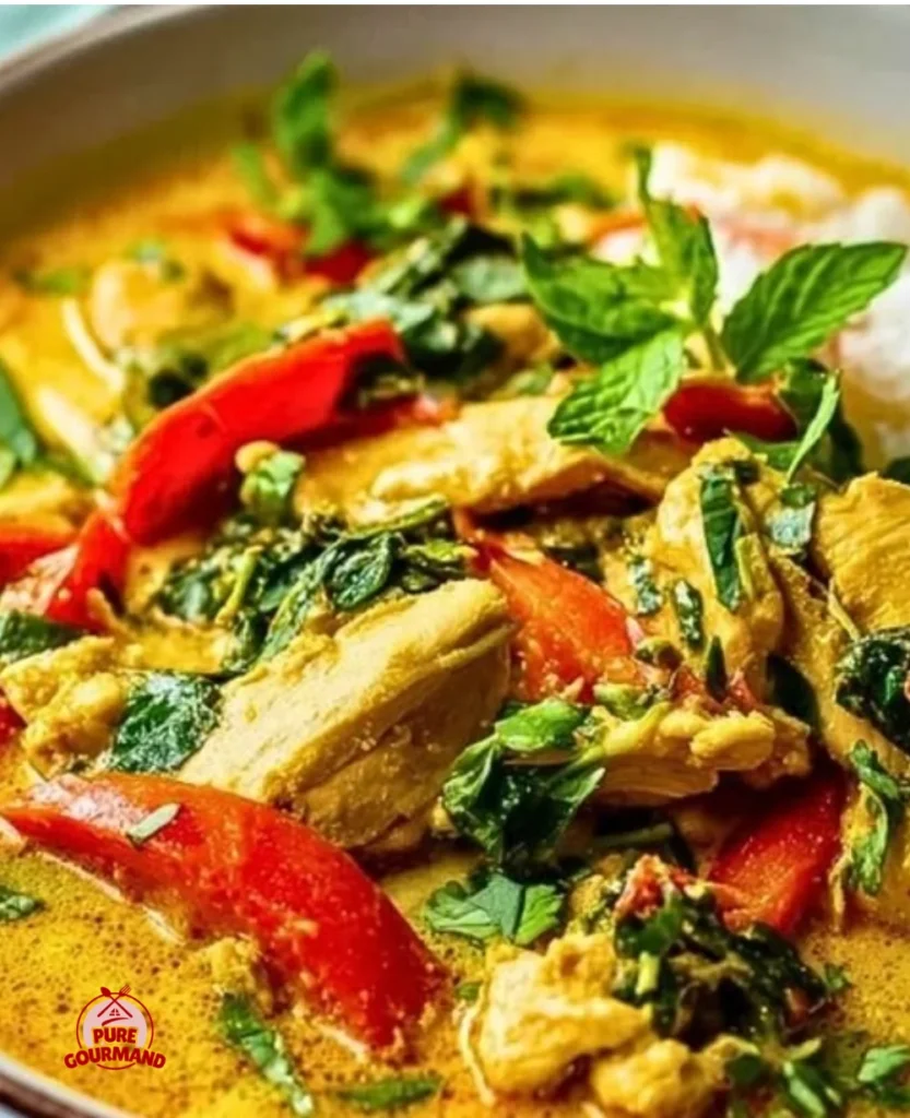 Bowl of Thai chicken coconut curry garnished with fresh herbs and chili