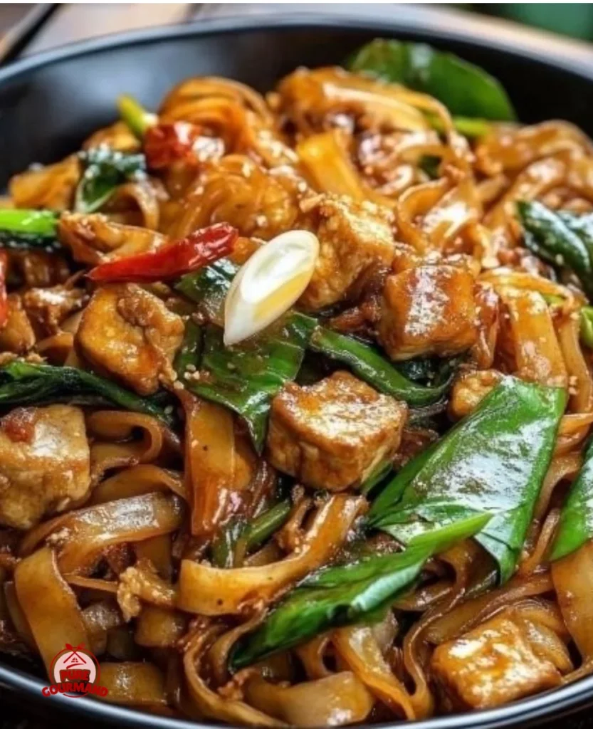 Plate of Thai Drunken Noodles with fresh vegetables and herbs