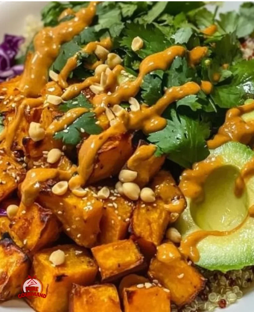Thai Peanut Buddha Bowl with sweet potatoes and healthy toppings