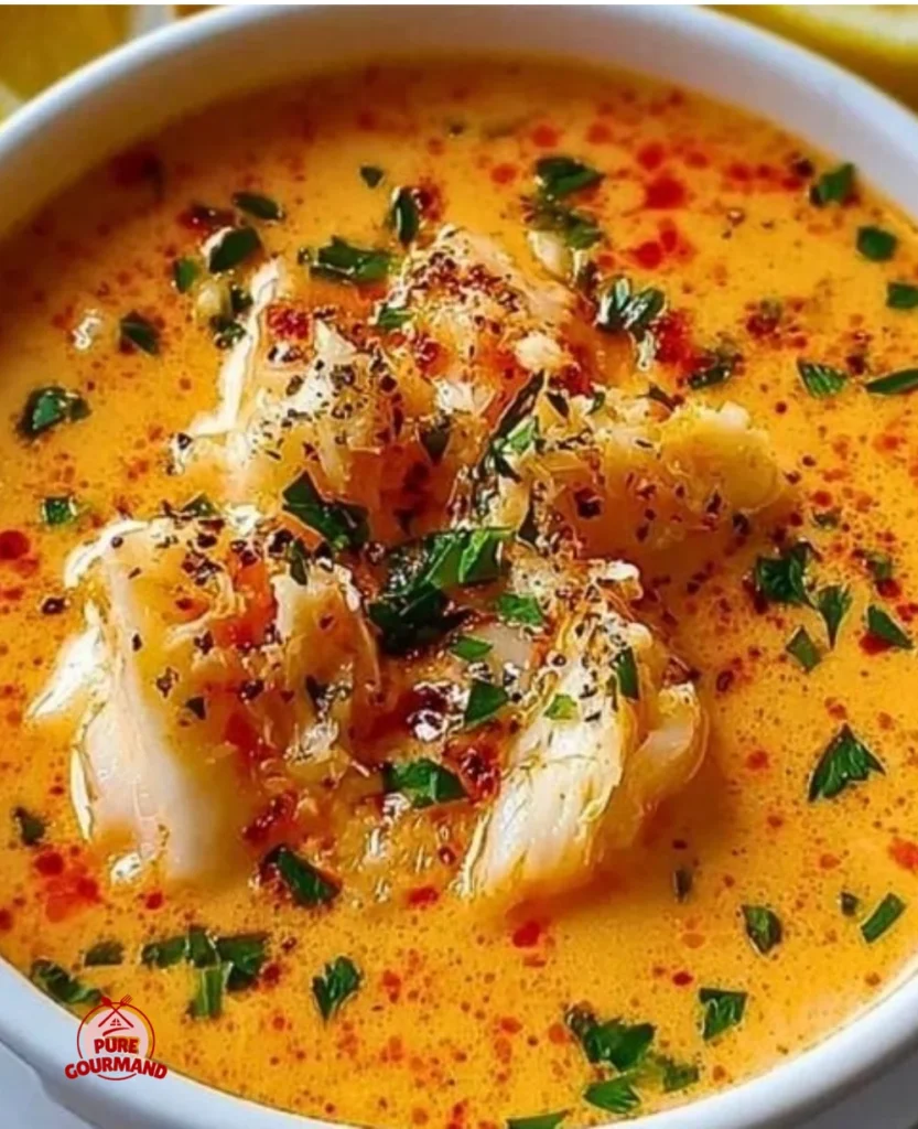 Creamy and rich crab bisque in a bowl, garnished with herbs.