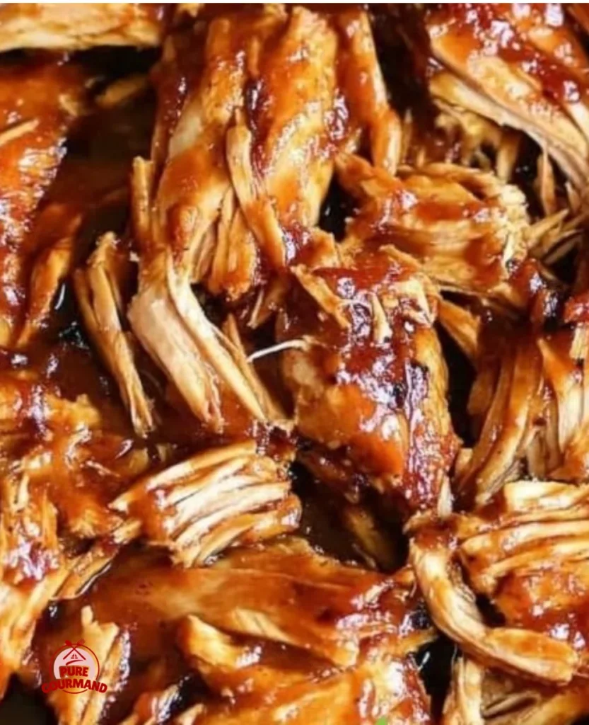 Delicious crockpot BBQ chicken served on a plate with sauce and herbs.