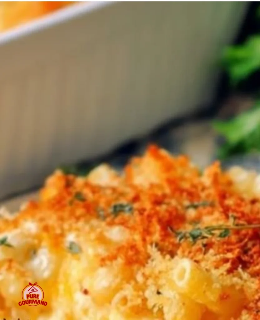 Baked mac and cheese served in a creamy, cheesy dish, perfect for comfort food lovers.
