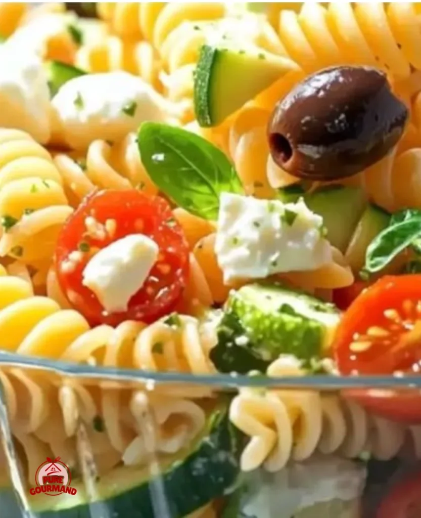 Colorful pasta salad with vegetables in a bowl, ideal for summer gatherings