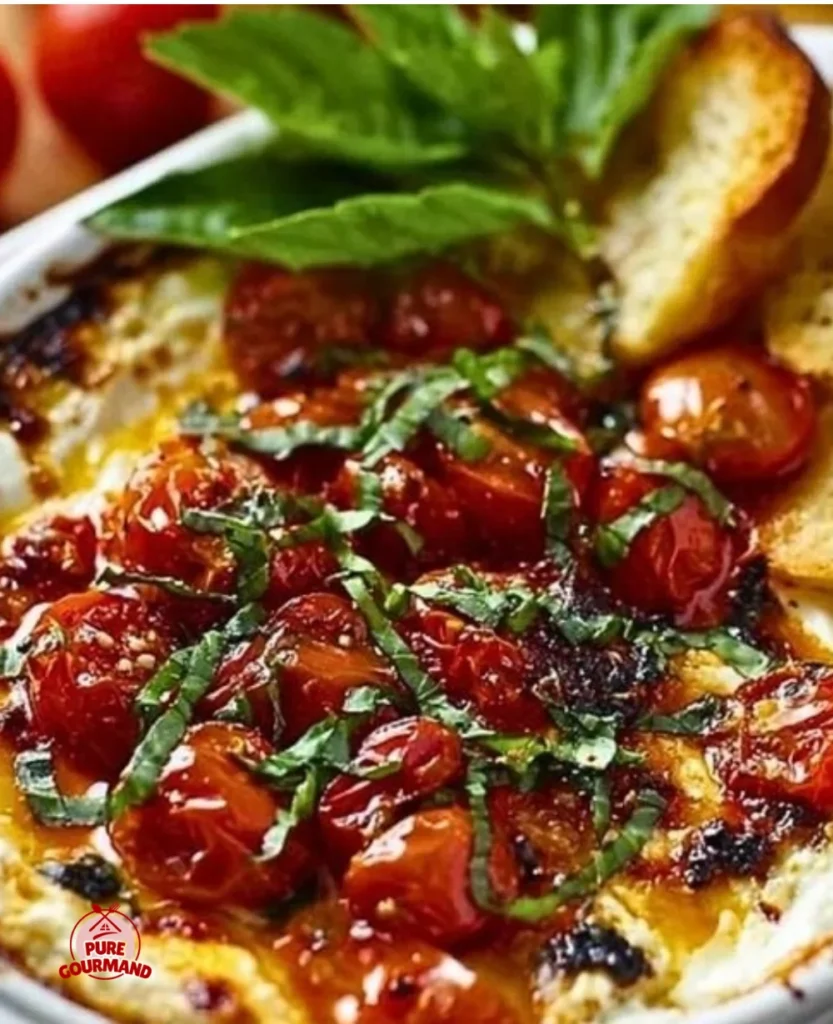 Three-Cheese Tomato Bruschetta Dip served in a bowl with fresh herbs