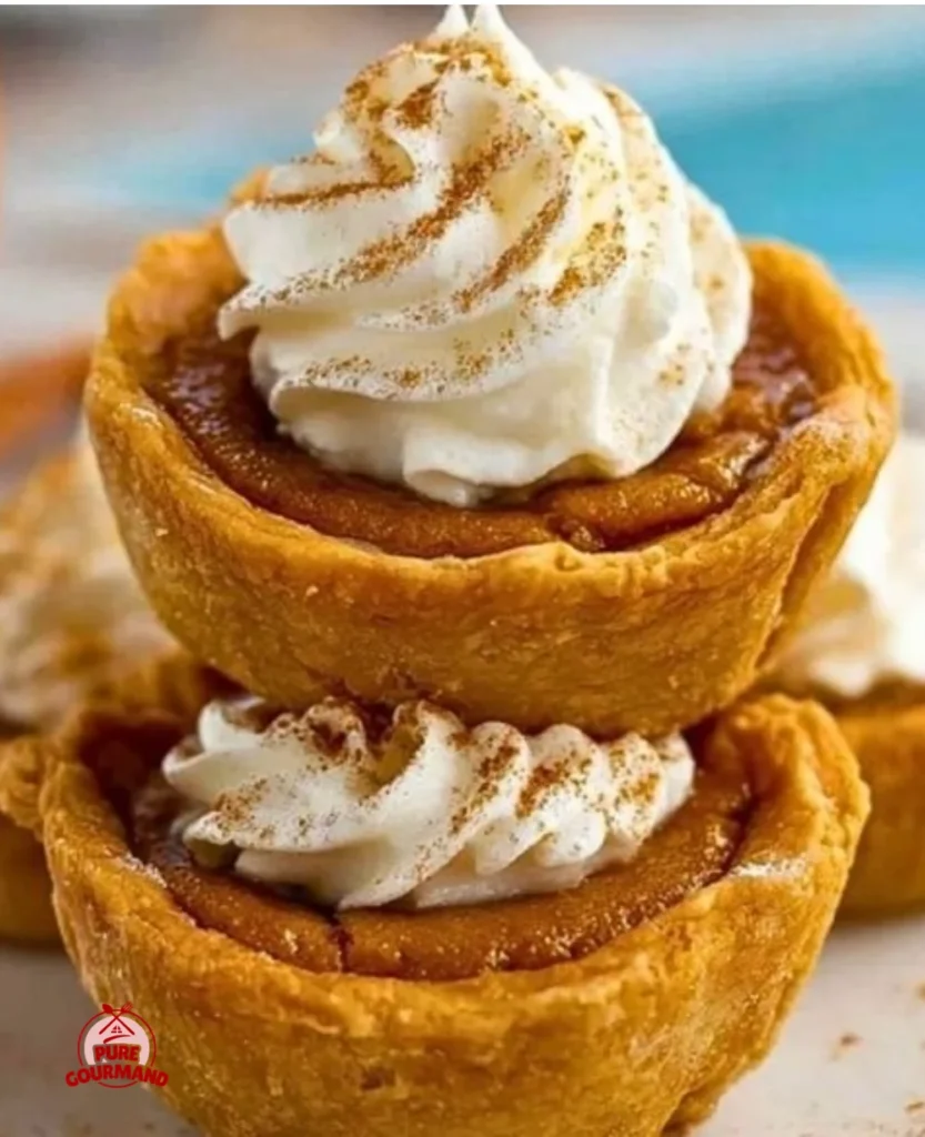 Delicious tiny pumpkin pies served on a rustic table, perfect for cozy fall gatherings.