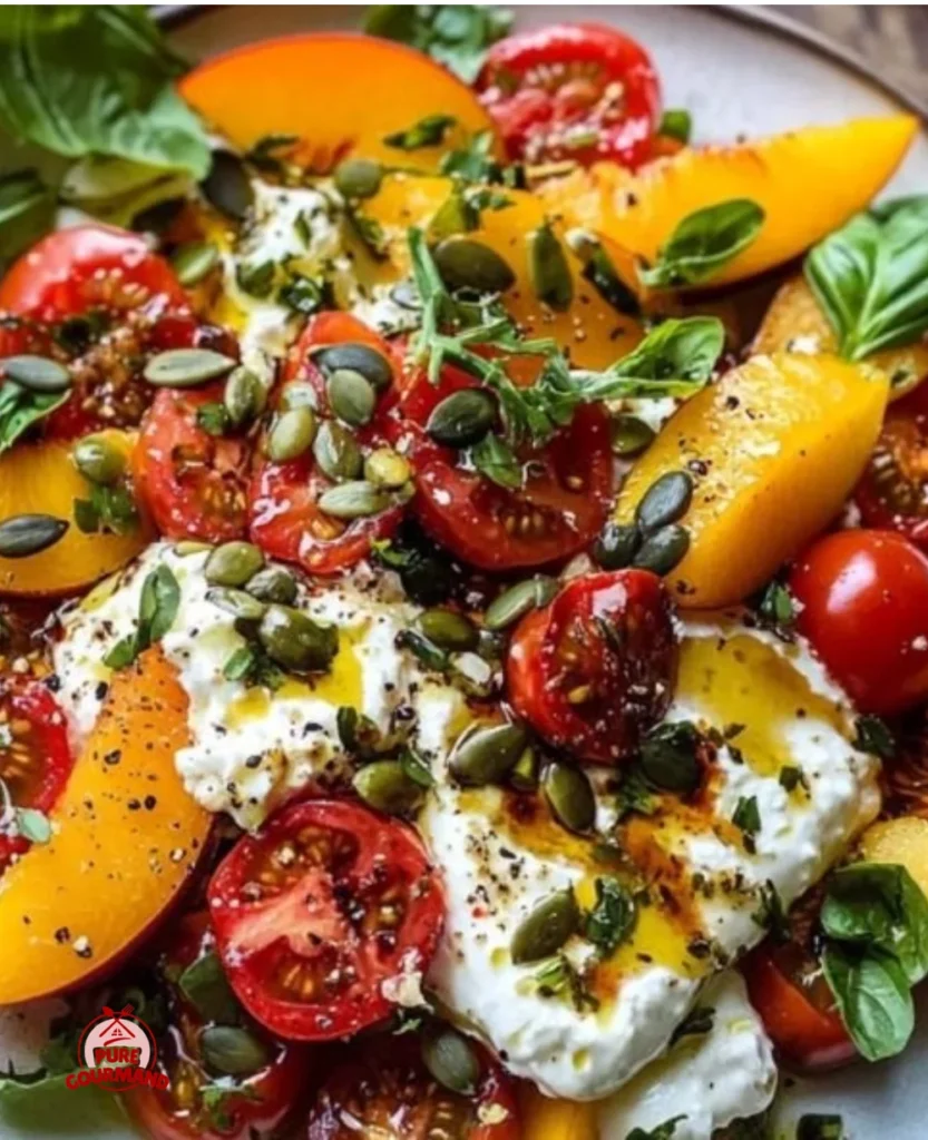 Tomato Peach Salad with burrata, drizzled with olive oil and garnished with herbs