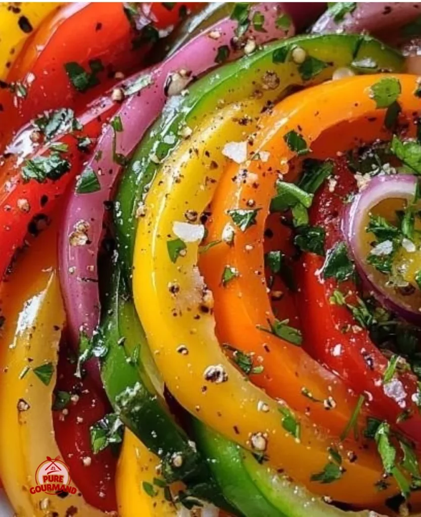 Tricolor Bell Pepper Salad with red, yellow, and green peppers in a bowl