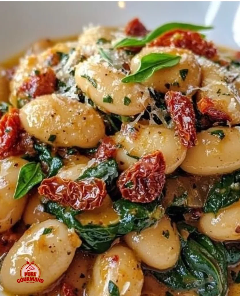 Delicious Tuscan butter beans with spinach and sun-dried tomatoes in a rustic pan