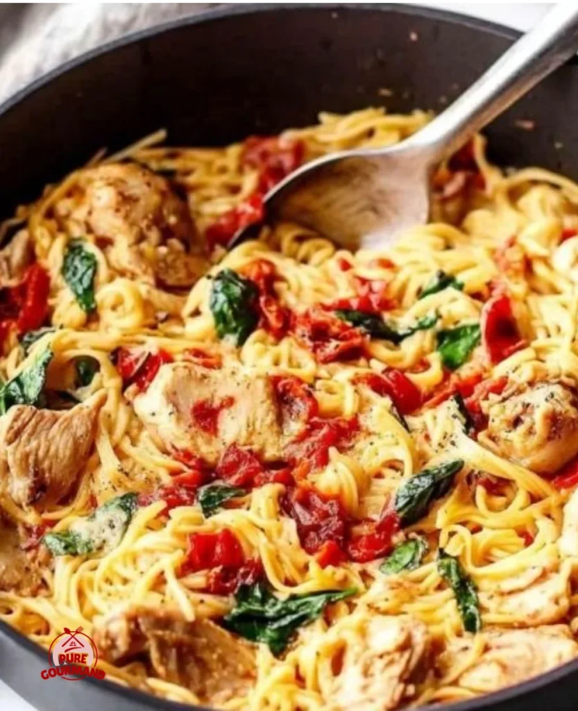 Delicious Tuscan Chicken served with spaghetti squash, a healthy gourmet meal.