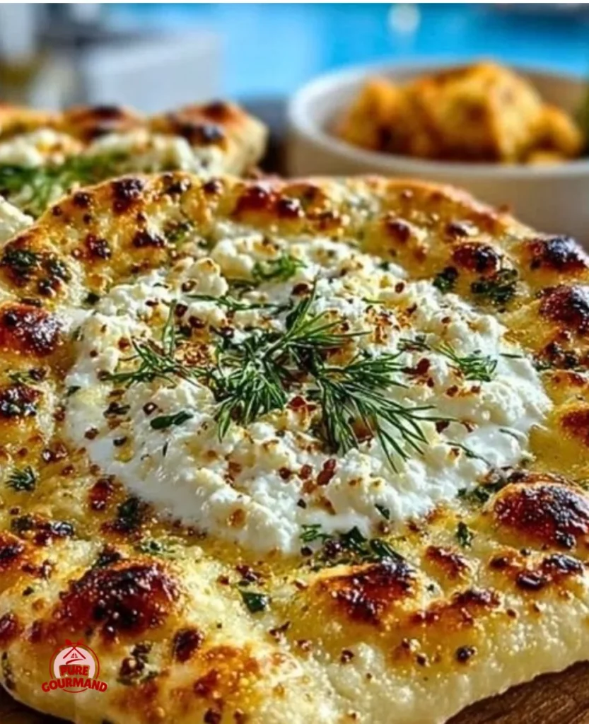 Freshly made cottage cheese flatbread on a wooden board