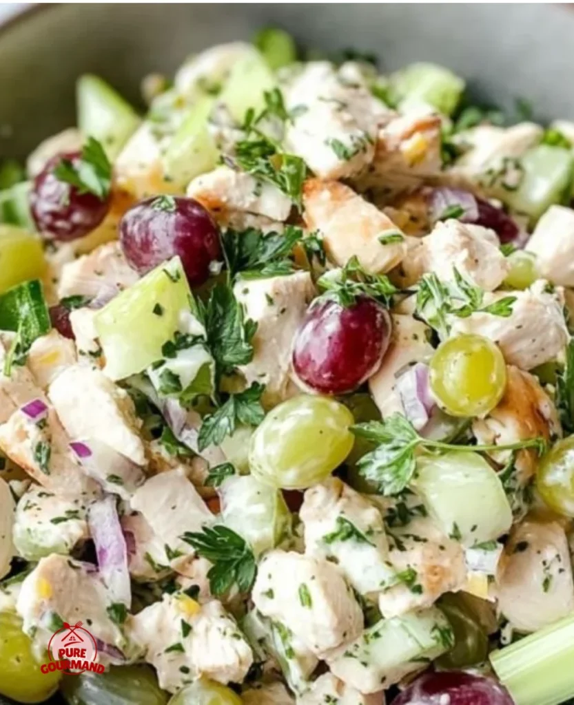 Delicious chicken salad in a bowl with fresh vegetables and herbs