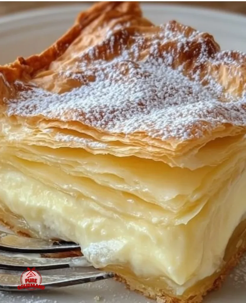 Delicious vanilla custard puff pastry cake showcasing its creamy texture and golden layers.