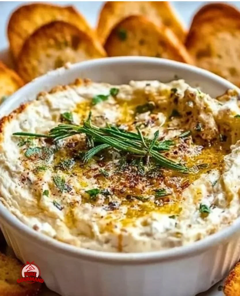 Warm Boursin dip served with crunchy crostini on a plate