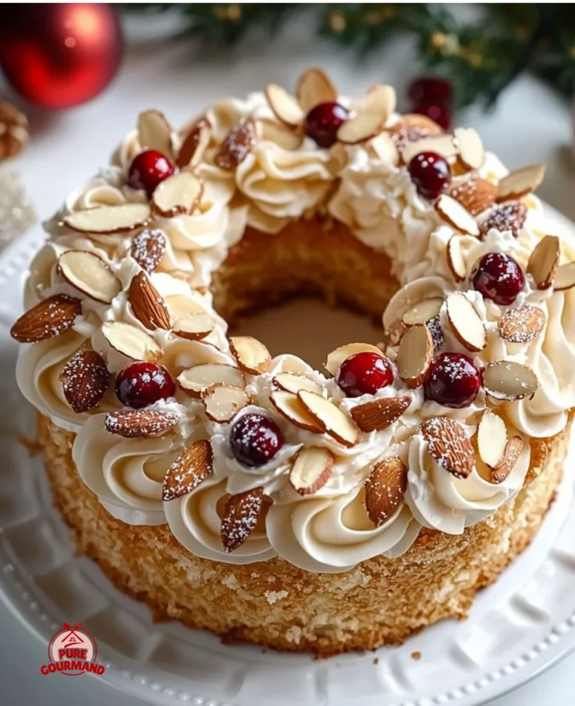 Delicious Almond Wreath Cake adorned with almonds and festive decorations