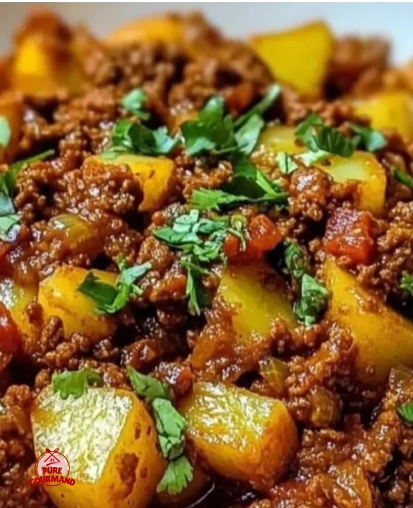 Aloo Keema: A savory dish of minced meat and potatoes, garnished with fresh herbs.