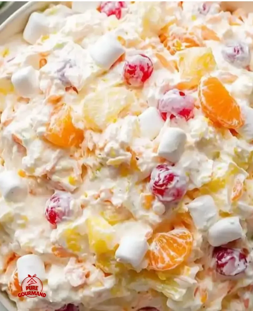 Bowl of colorful Ambrosia Salad with fruits and whipped cream