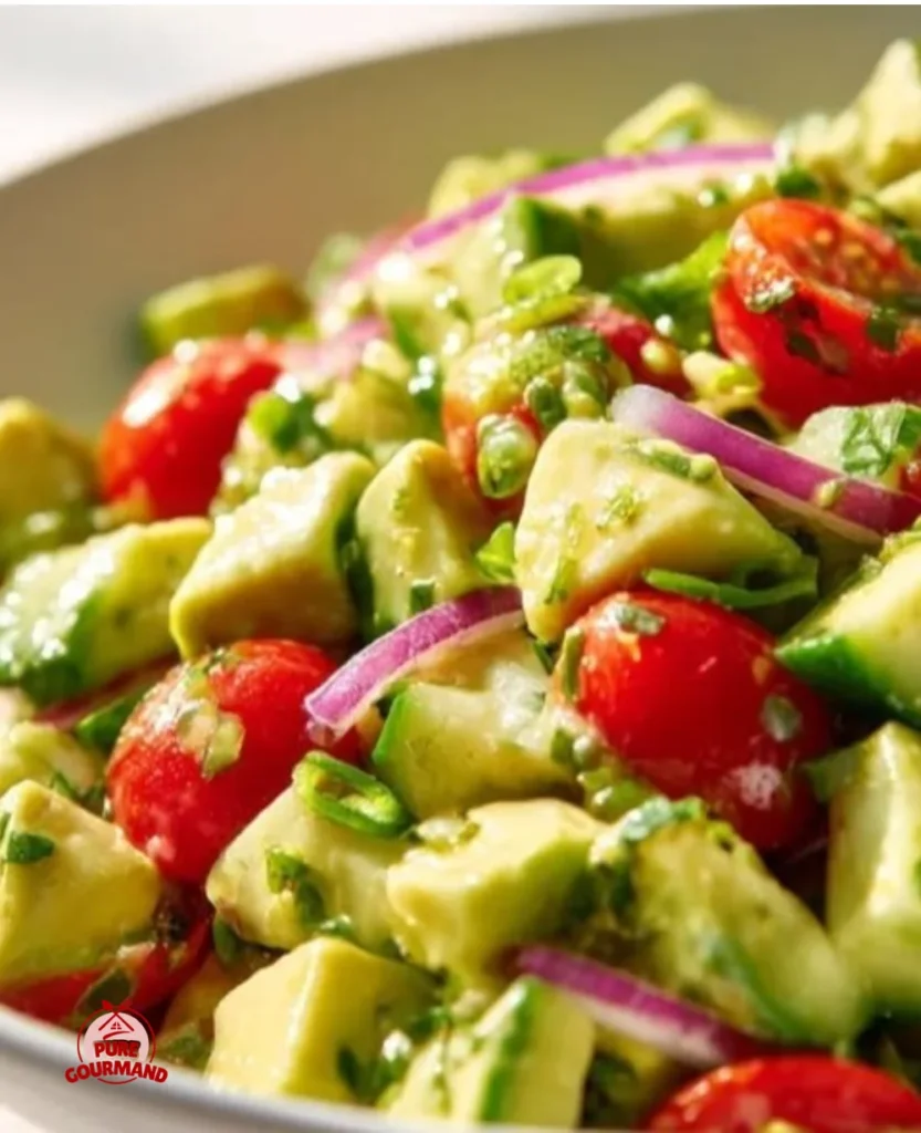 Fresh avocado salad with mixed greens, cherry tomatoes, and dressing