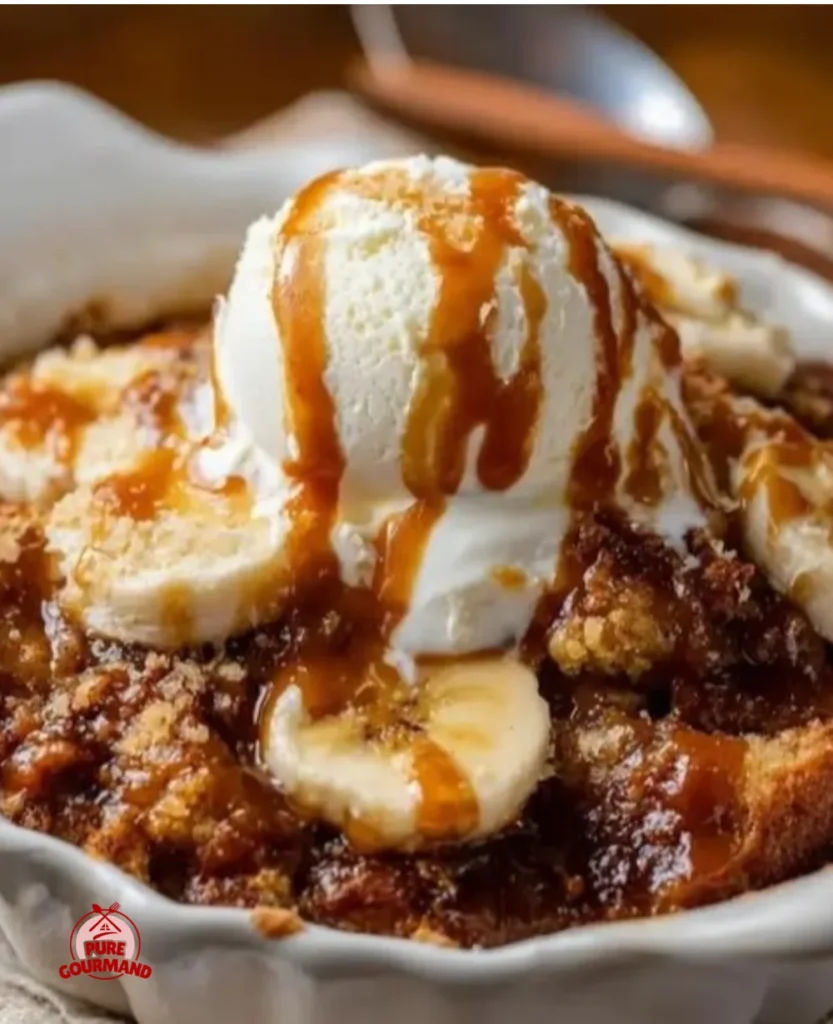 Homemade banana bread cobbler served warm with a scoop of vanilla ice cream