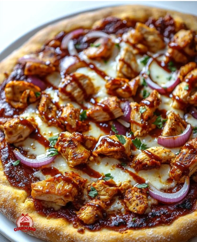 Delicious BBQ Chicken Pizza topped with barbecue sauce, chicken, and cheese.